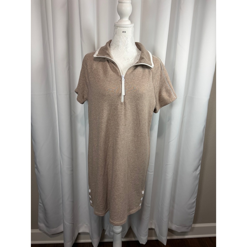 T by Talbots Womens Petite M Tan Heathered Quarter Zip Short Sleeve Dress Sporty